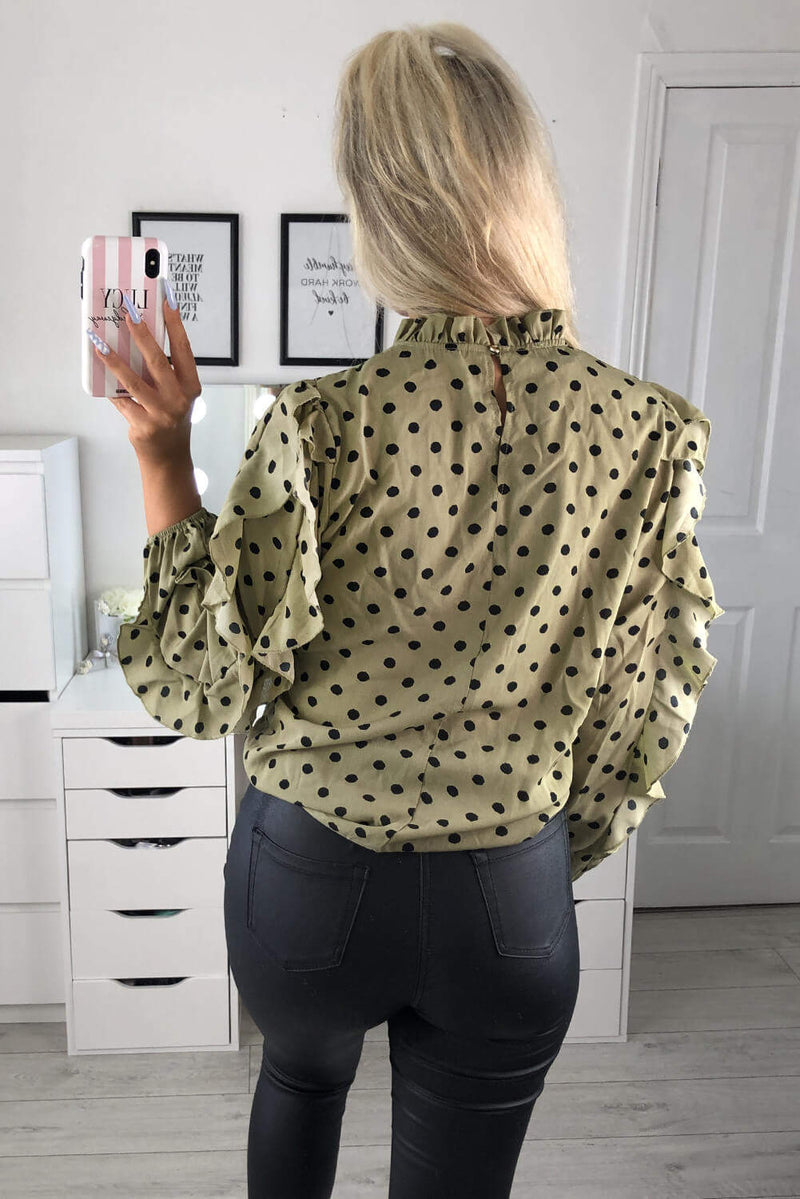 Khaki Polka Dot Frill Sleeve Top