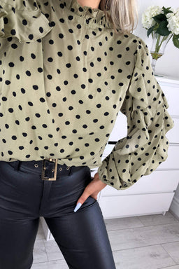 Khaki Polka Dot Frill Sleeve Top