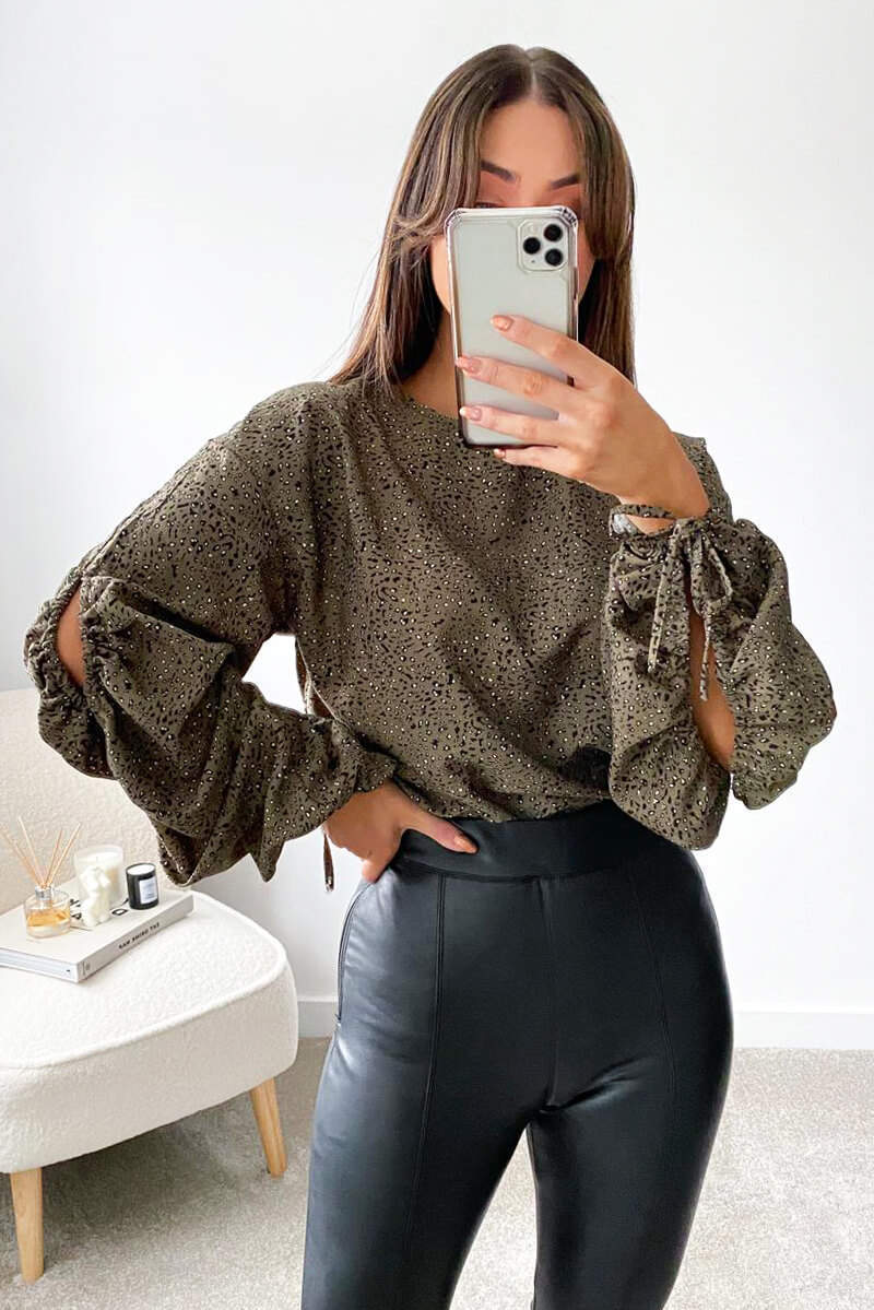 Khaki Printed Gathered Split Sleeve Blouse