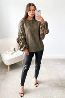 Khaki Printed Gathered Split Sleeve Blouse