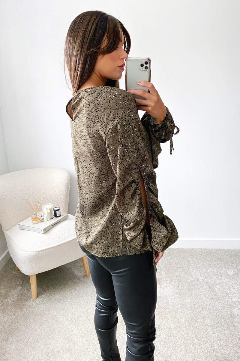 Khaki Printed Gathered Split Sleeve Blouse