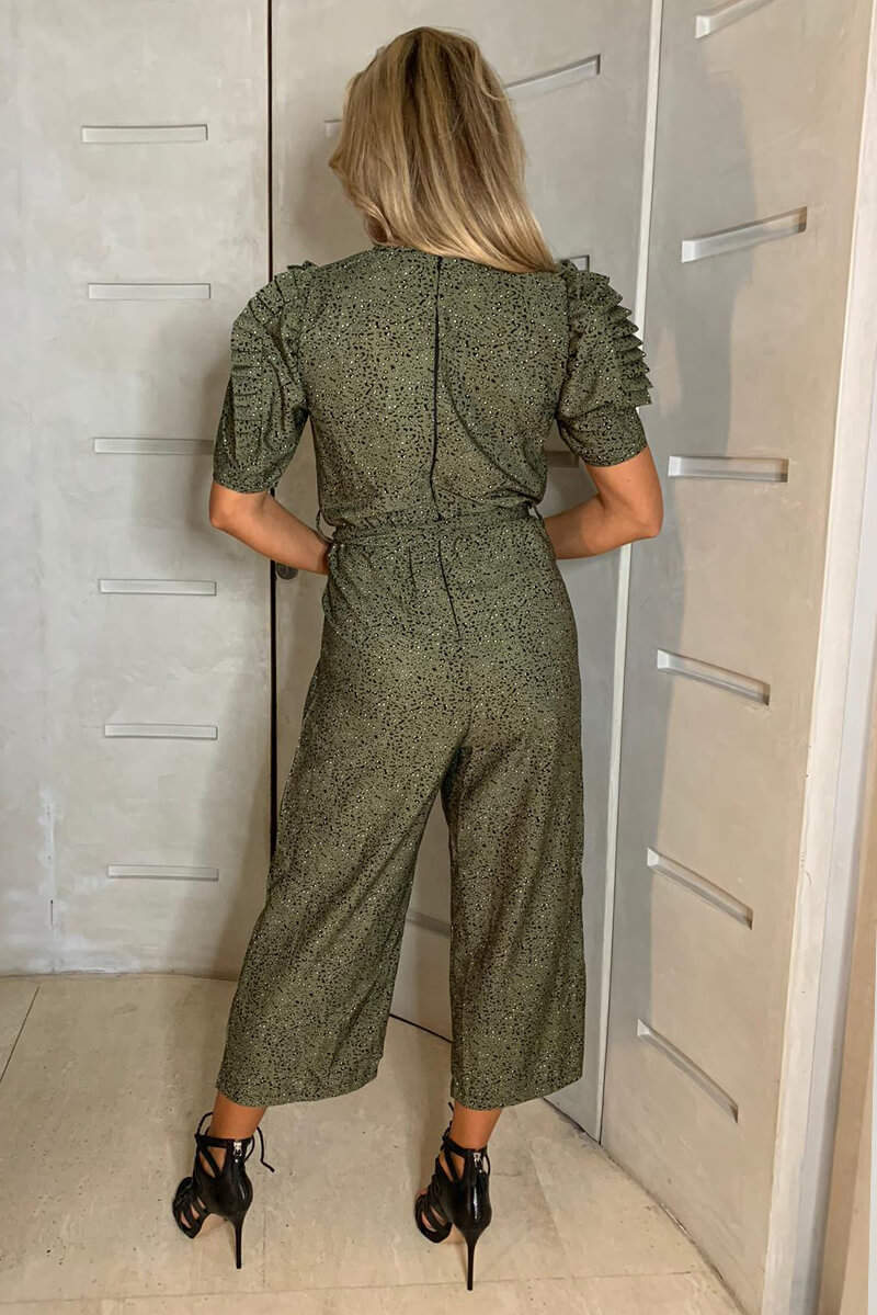 Khaki Printed Pleated Short Sleeve Jumpsuit