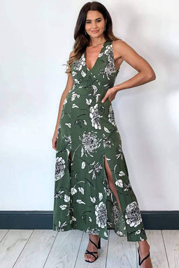 Khaki Printed Split Front Midaxi Dress