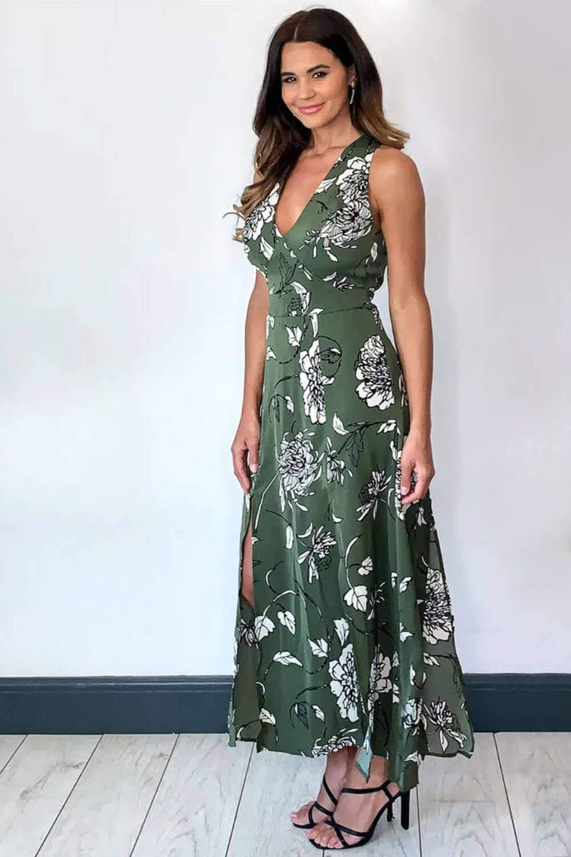 Khaki Printed Split Front Midaxi Dress