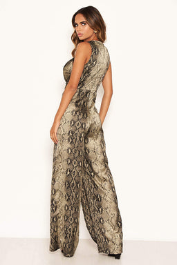Khaki Snake Print Jumpsuit With Knot Front
