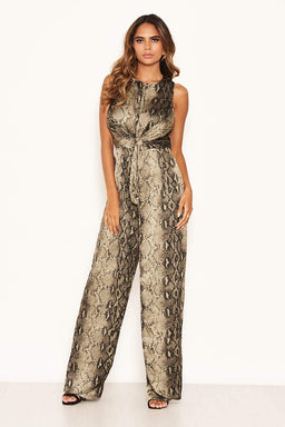 Khaki Snake Print Jumpsuit With Knot Front