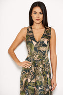 Khaki V Neck Leaf Print Dress