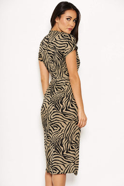 Khaki Animal Print Wrap Style Dress