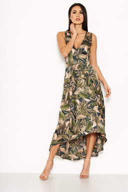 Khaki V Neck Leaf Print Dress