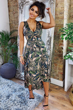 Khaki V Neck Leaf Print Dress