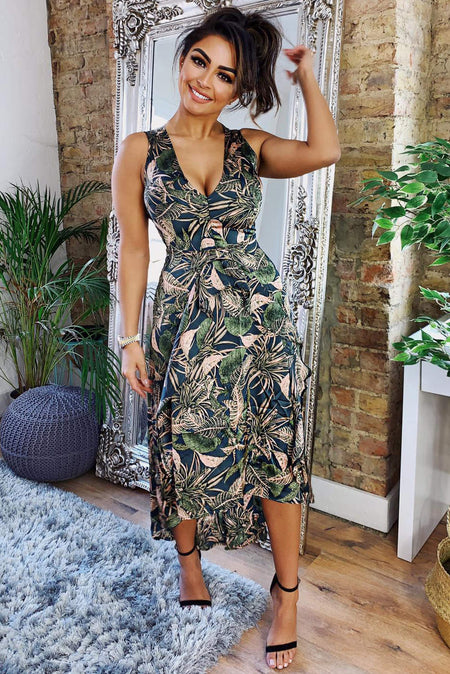 Khaki V Neck Leaf Print Dress