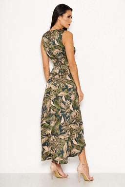 Khaki V Neck Leaf Print Dress