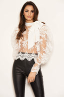 Cream Embroidered Puff Sleeve Tie Neck Top