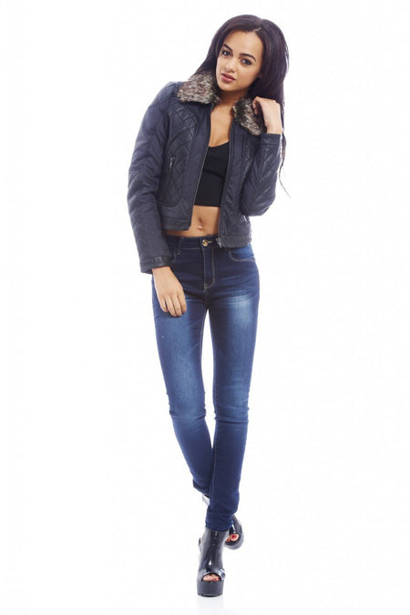 Fur Collar Quilted PU Jacket