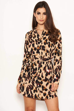 Leopard Print Tie Waist Shirt Dress