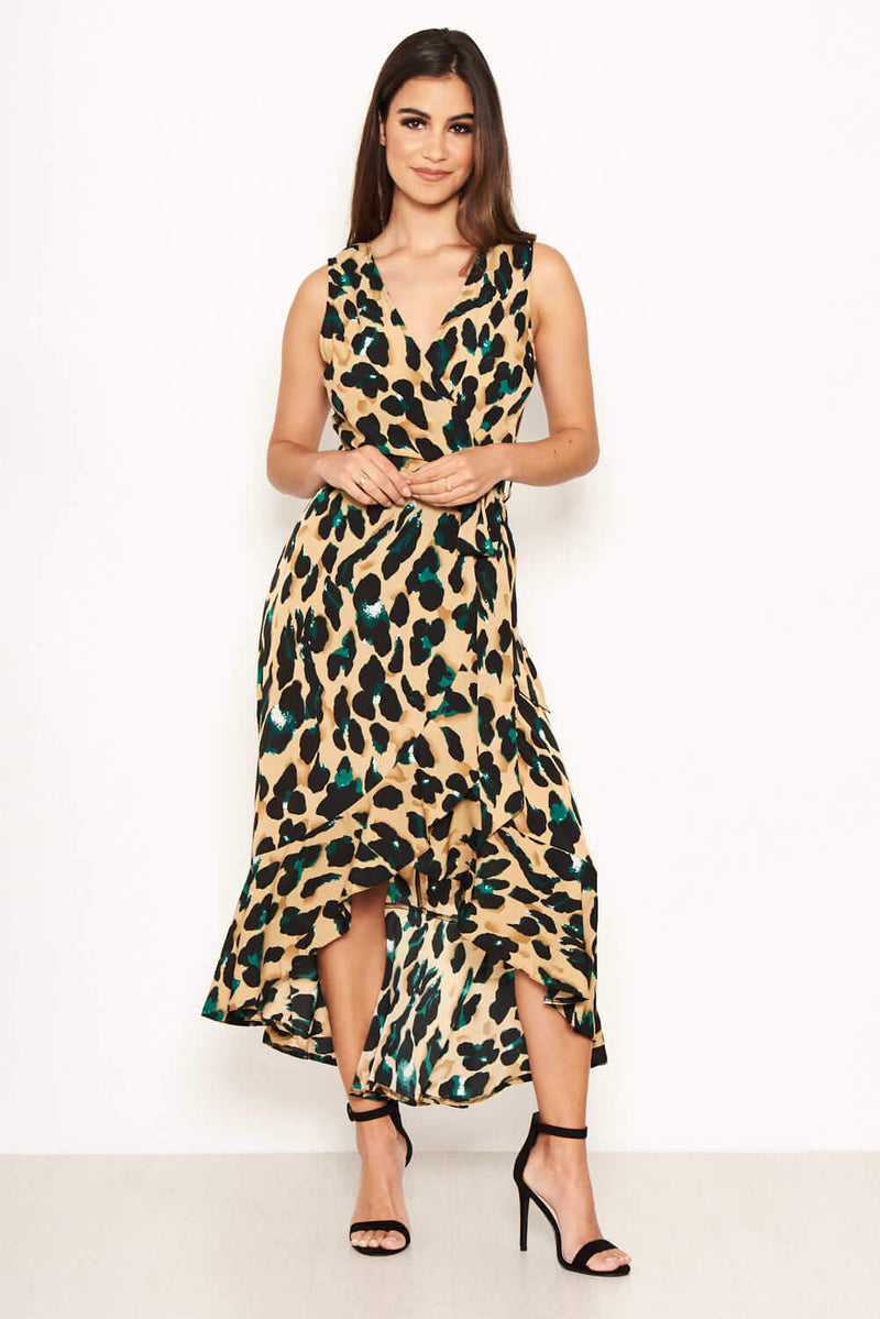 Leopard Print Wrap Frill Maxi Dress
