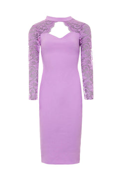 Lilac Choker Neck Lace Sleeve Midi Dress