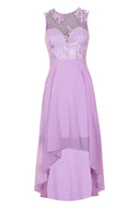 Lilac Embroidered Mesh Dipped Hem Dress