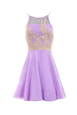 Lilac Mesh Gold Embroidered Skater Dress