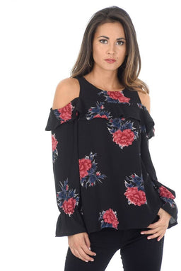 Long Sleeve Black Cold Shoulder Floral Top