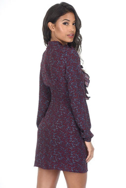 Wine Long Sleeve Frill Detail Skater Dress