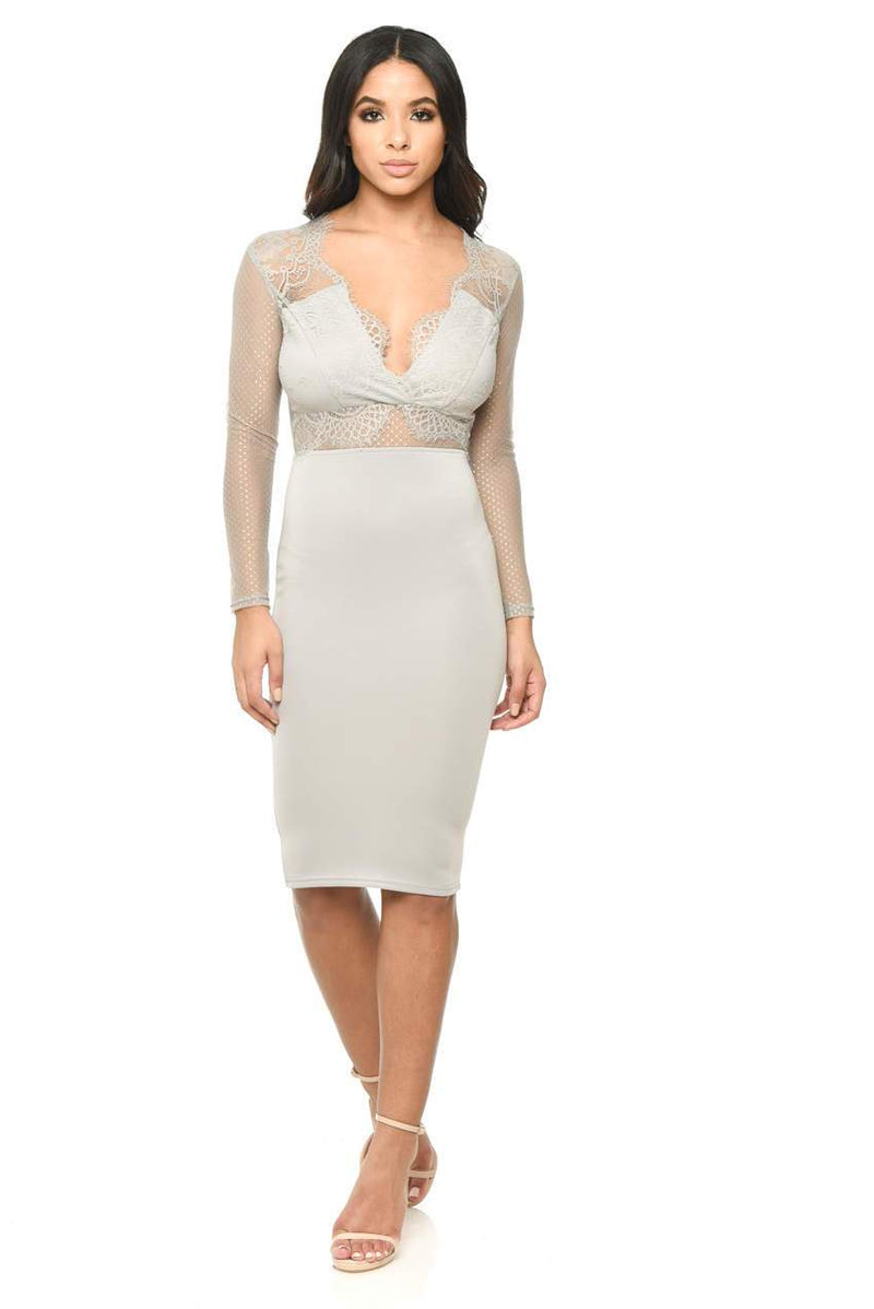 Long Sleeved Grey Bodycon With Lace Detail