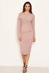 Mauve Off Shoulder Ruched Dress