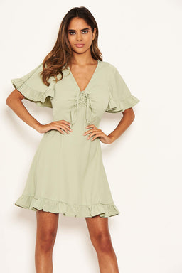 Mint Ruched Front Frill Swing Dress