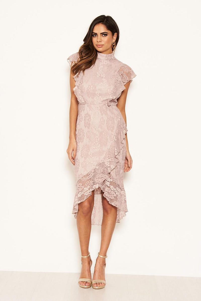 Mushroom Lace Fish Tail Frill Sleeve Midi Dress