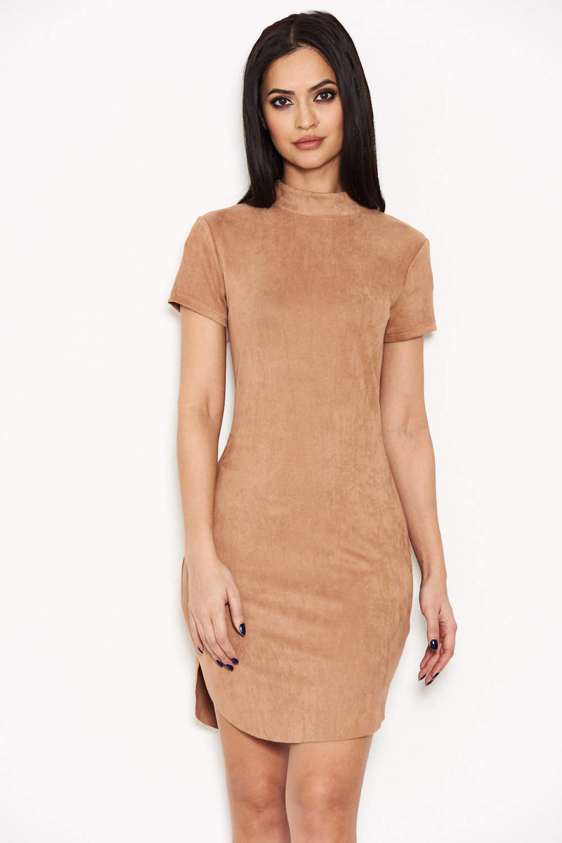 Mink Faux Suede Mini Dress with High Neck