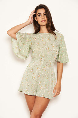 Mint Bell Sleeve Floral Playsuit