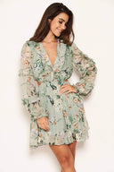 Mint Cut Out Floral Frill Sheer Dress
