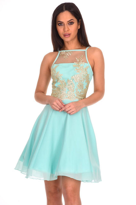 Mint Green Mesh Gold Embroidered Skater Dress