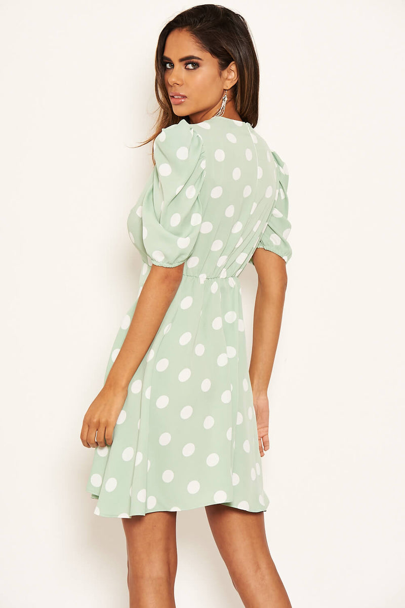 Mint Puff Sleeve Polka Dot Skater Dress