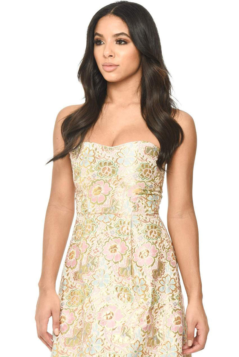 Multi Colored Sleeveless Dress With Gold Floral Pattern