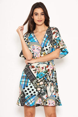 Multi Print Frill Wrap Dress