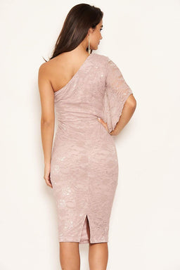 Mushroom Lace One Shoulder Midi Dress