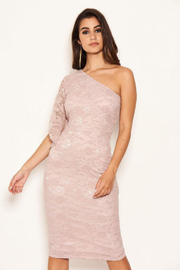 Mushroom Lace One Shoulder Midi Dress