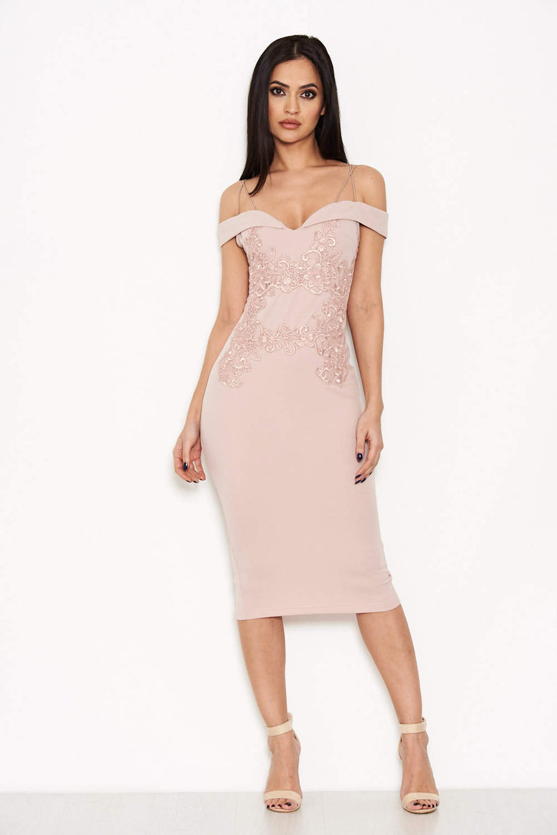 Mushroom Off The Shoulder Lace Midi Dress With Delicate Straps