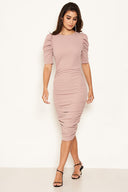 Mushroom Ruched Short Puff Sleeve Midi Dress