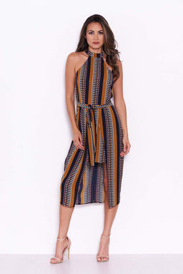 Mustard Aztec Print Midi Dress