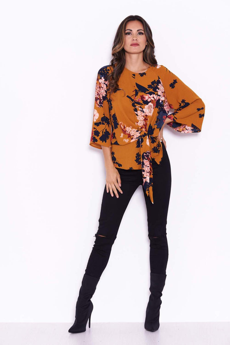 Mustard Floral Flared Sleeve Top