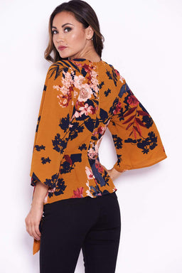Mustard Floral Flared Sleeve Top