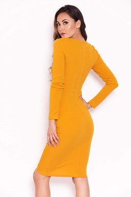 Mustard Ruched Sleeved Dress