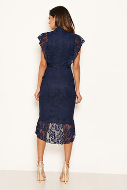 Navy Lace Fish Tail Frill Sleeve Midi Dress