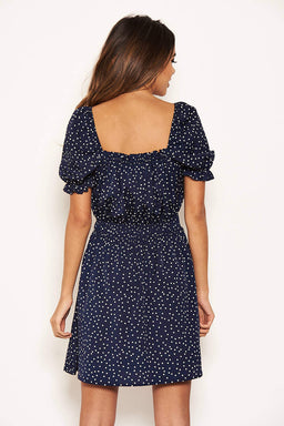 Navy Polka Dot Square Neck Swing Dress