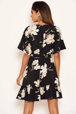 Navy Floral Frill Hem Dress