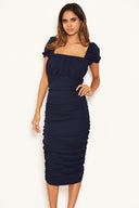 Navy Puff Sleeve Ruched Bodycon Midi Dress