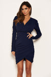Navy Long Puff Sleeved Ruched Wrap Dress
