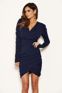 Navy Long Puff Sleeved Ruched Wrap Dress